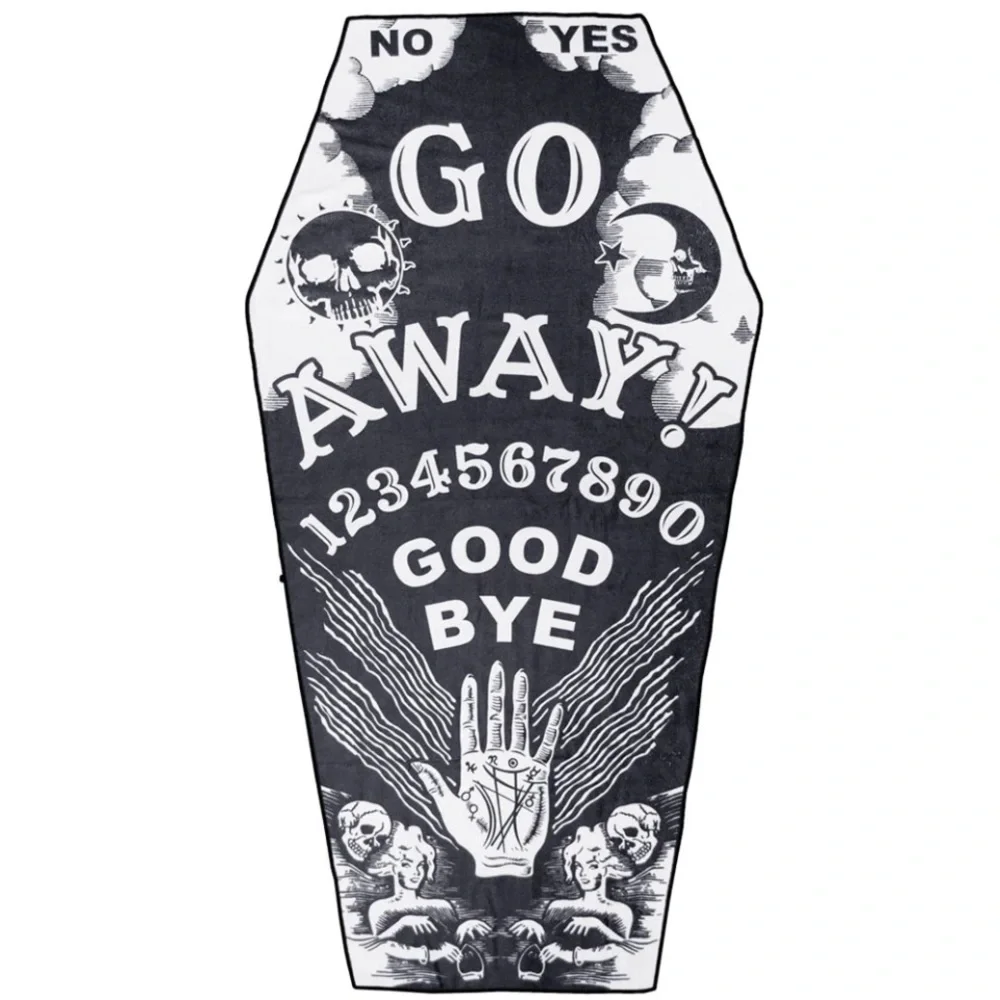 Go Away Ouija Board Coffin Beach Towel White and Black NWT - Picture 1 of 3